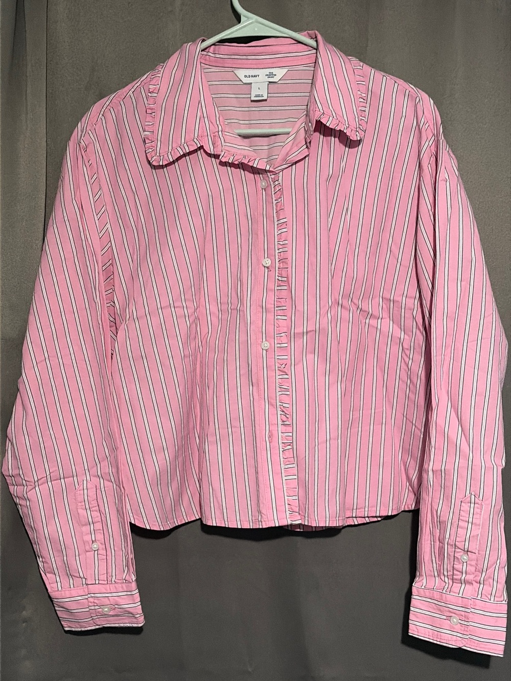 Old Navy Pink Striped Ruffle Cropped Button Down Shirt Size L